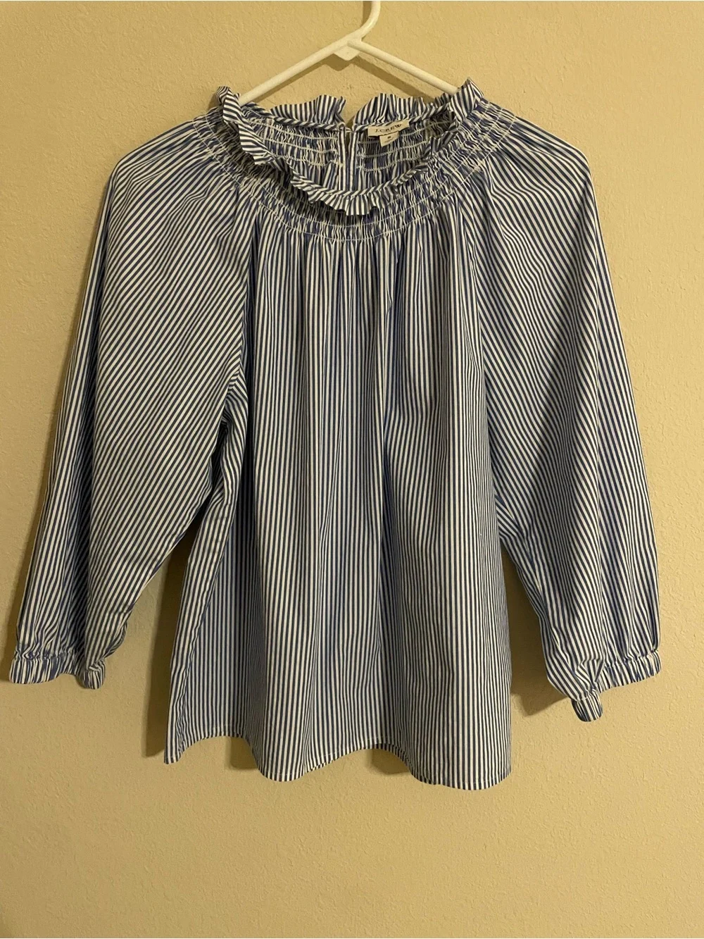 J Crew Smocked Neck Cotton Striped Blouse  Size Small